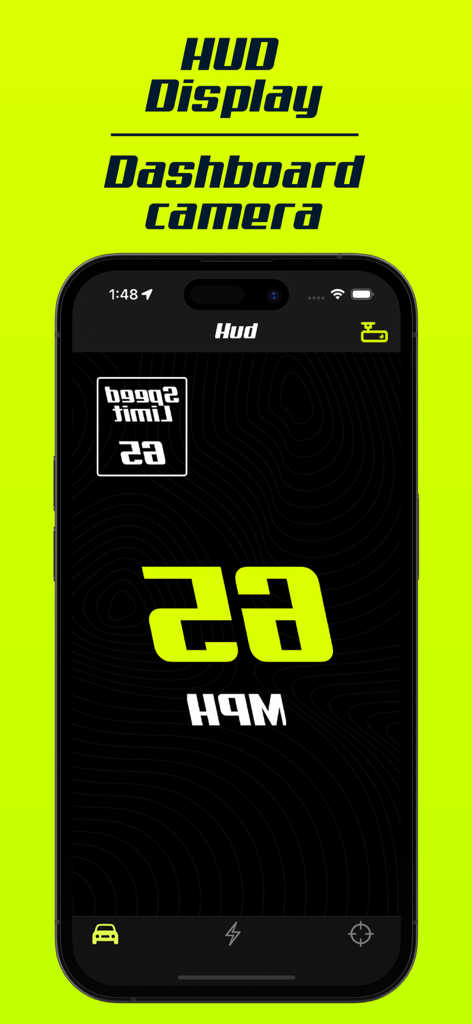 Bolt Speed: speedometer - Bolt Speed App zeigt gespiegelten HUD-Anzeigemodus mit 65 MPH Geschwindigkeit für die Windschutzscheibenprojektion an