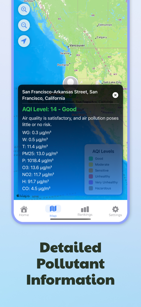 Air Quality Monitor: AQI App - A map interface from the Air Quality Monitor app showing detailed pollutant information for San Francisco