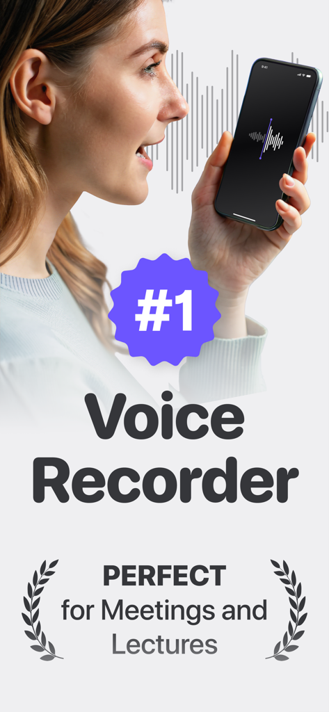 女性が携帯電話でボイスレコーダーアプリを使用しており、会議や講義に最適であると記載されたテキストが表示されています。