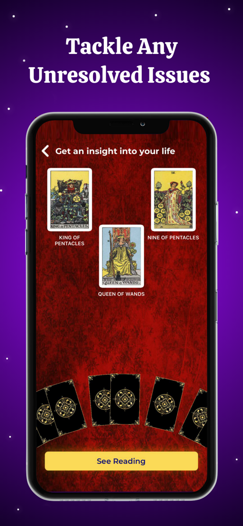 Tarot Card Reading & Horoscope - Interfaz de aplicación de lectura de tarot que muestra una tirada de tres cartas para abordar problemas no resueltos.