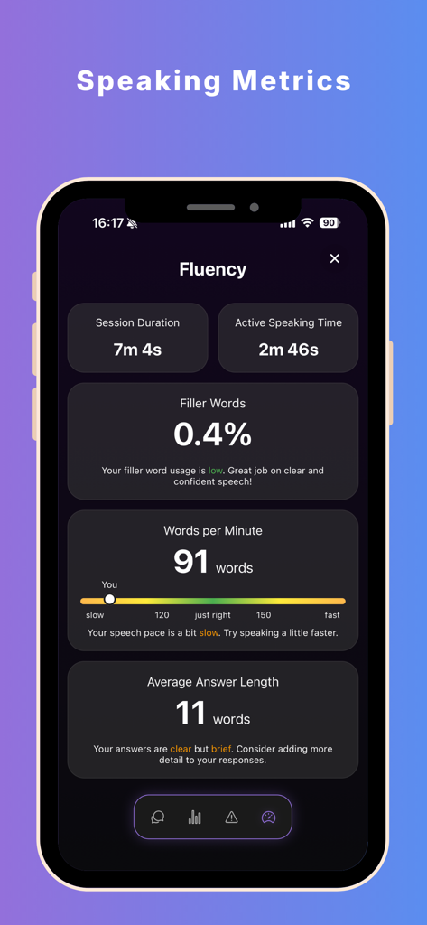 Nuva - English Tutor - Interfaz de la aplicación Nuva que muestra métricas detalladas de fluidez en la expresión oral en inglés y retroalimentación de IA.