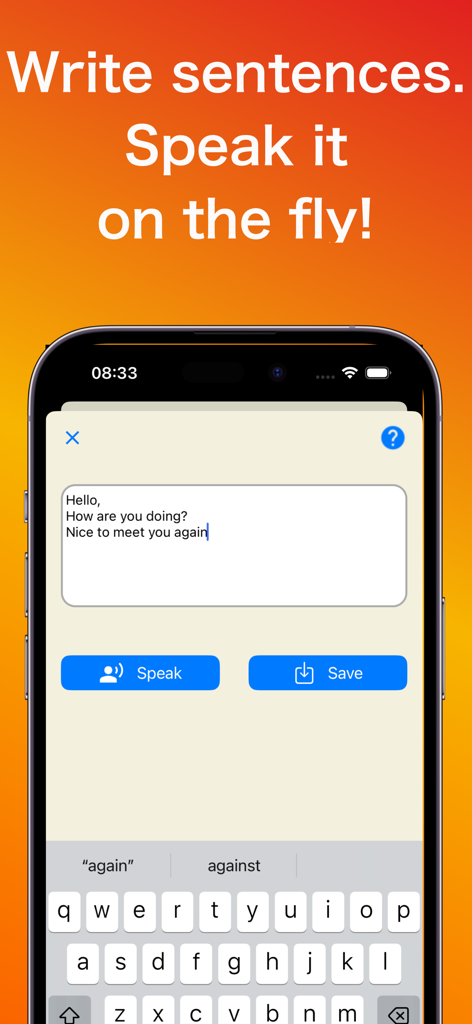 An iPhone displaying the MyVoiceApp interface for typing text and using the speak button for instant communication.