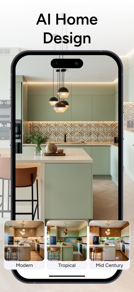 Un smartphone mostrando la interfaz de la aplicación Diseño de Interiores con IA con tres opciones de estilo de cocina: Tropical Moderna y Mid Century.