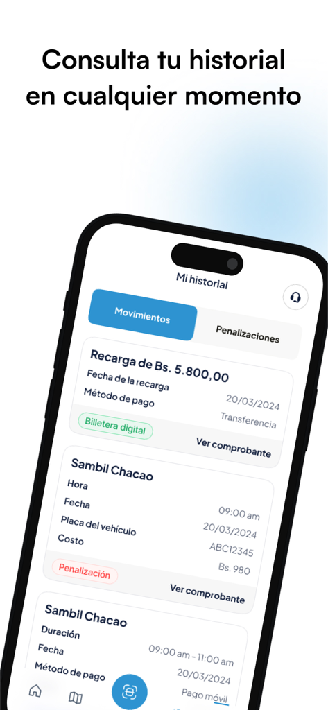 Screenshot of the Estacionate plus app showing the transaction history and parking penalties screen in Spanish