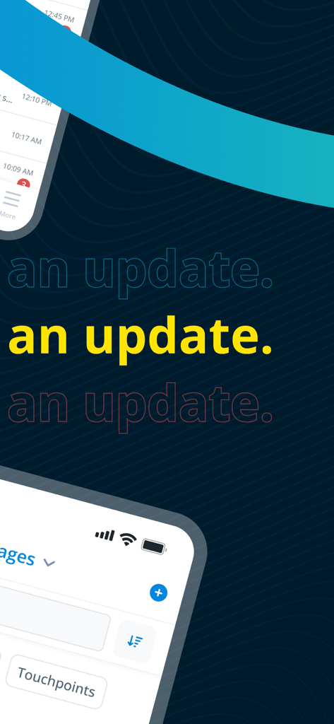 TeamLive app messaging interface with stylized text reading an update on a dark background