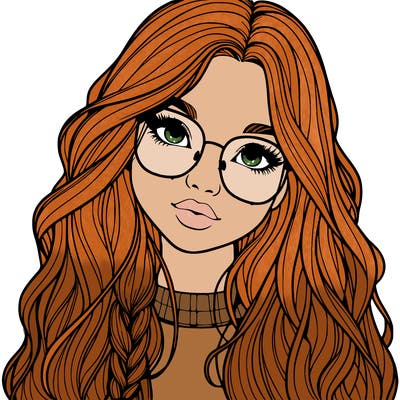 girl with long hair and freckles and glasses realistic