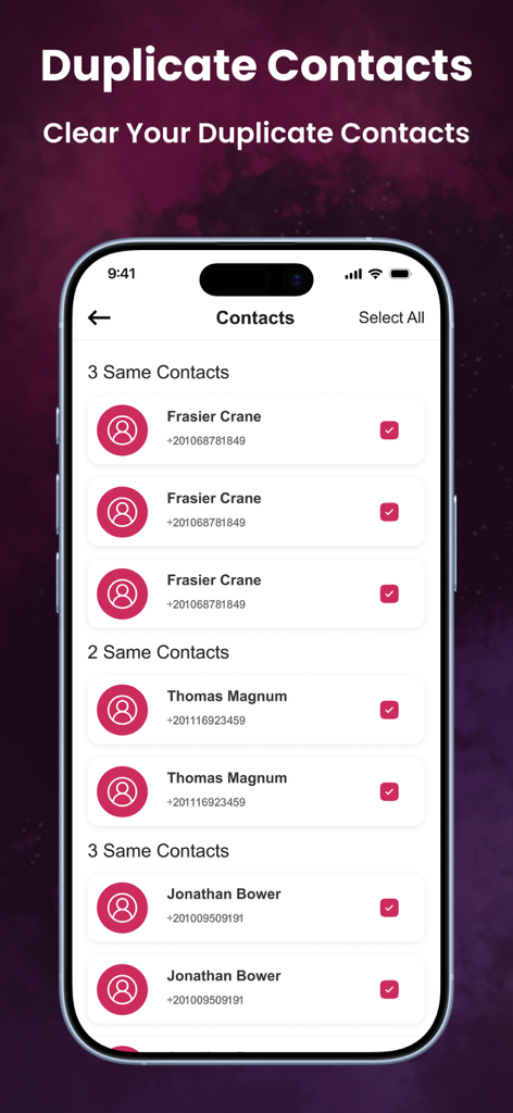 Phone Cleaner - Storage Clean - Interfaz de la aplicación Phone Cleaner que muestra una lista de contactos duplicados listos para su eliminación o fusión