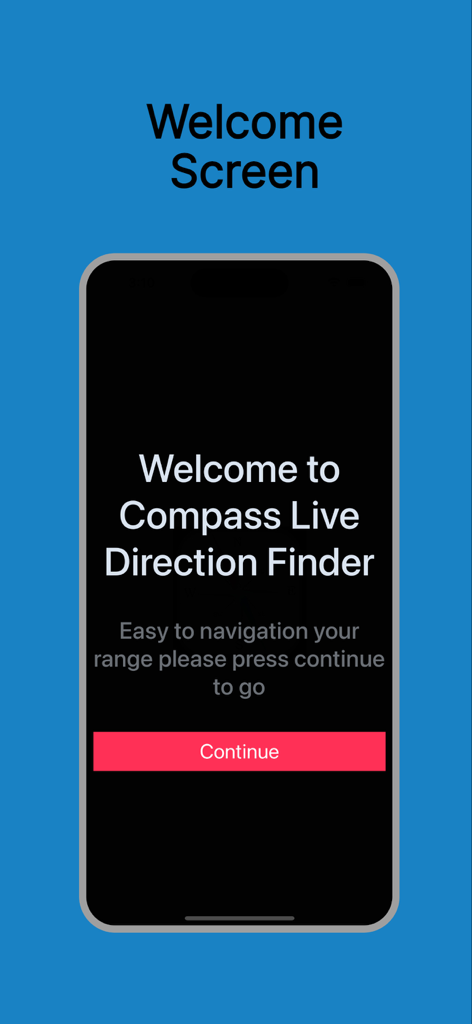 Welcome screen of the Compass Live Direction Finder app displaying a red continue button.