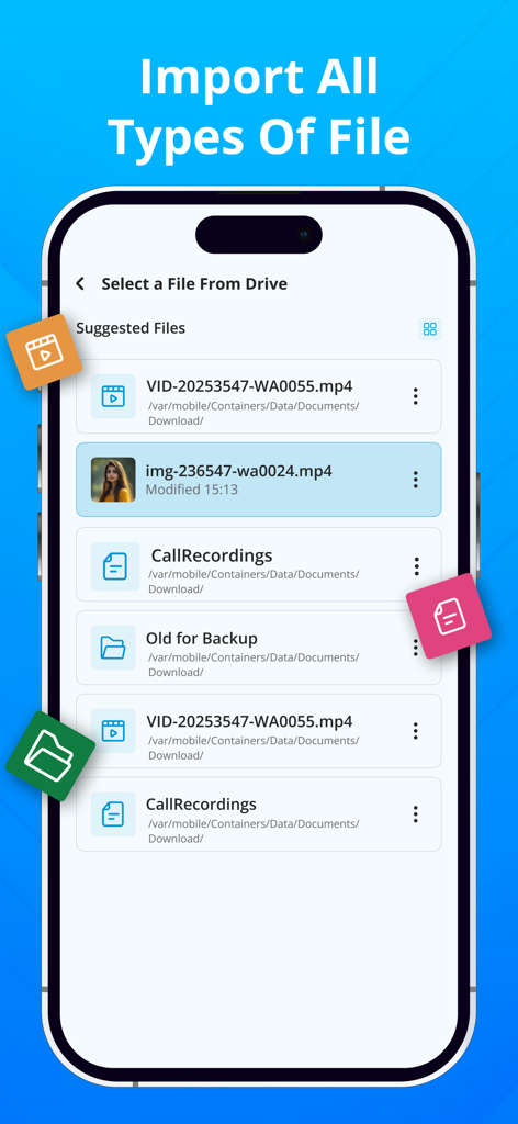 Smart Printer: Printer App - Pantalla de la aplicación Smart Printer que muestra cómo importar diferentes tipos de archivos desde la unidad en la nube para imprimir en un iPhone