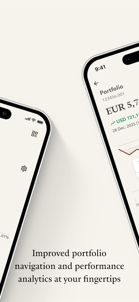 Pictet Wealth - Interface of the Pictet Wealth app showing portfolio navigation and performance analytics on two iPhones.