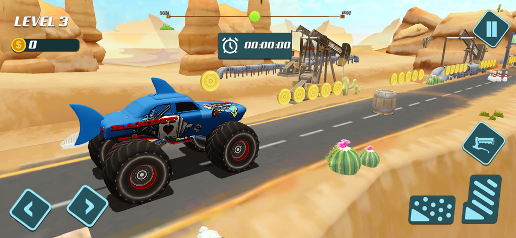 Xtreme Monster Truck Car Race - Blue Bandit monster truck racing on a desert track with gold coins