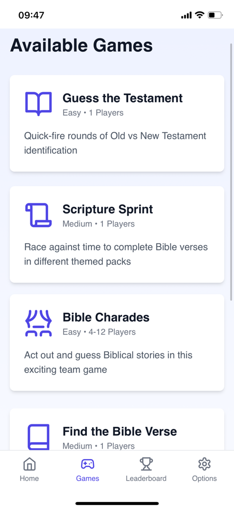 Kingdom Chronicles - List of Bible mini-games in the Kingdom Chronicles app including Guess the Testament and Scripture Sprint