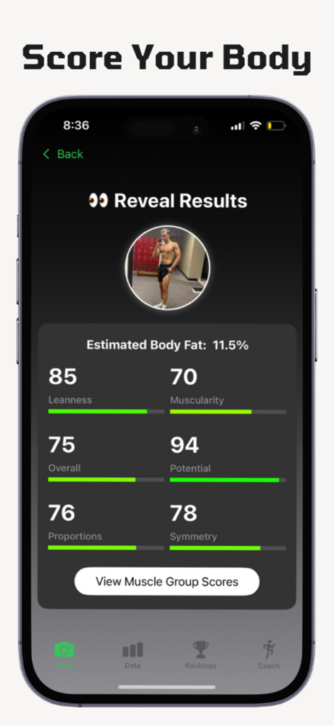 BodyScore app screen showing AI body analysis with metrics for leanness muscularity and body fat