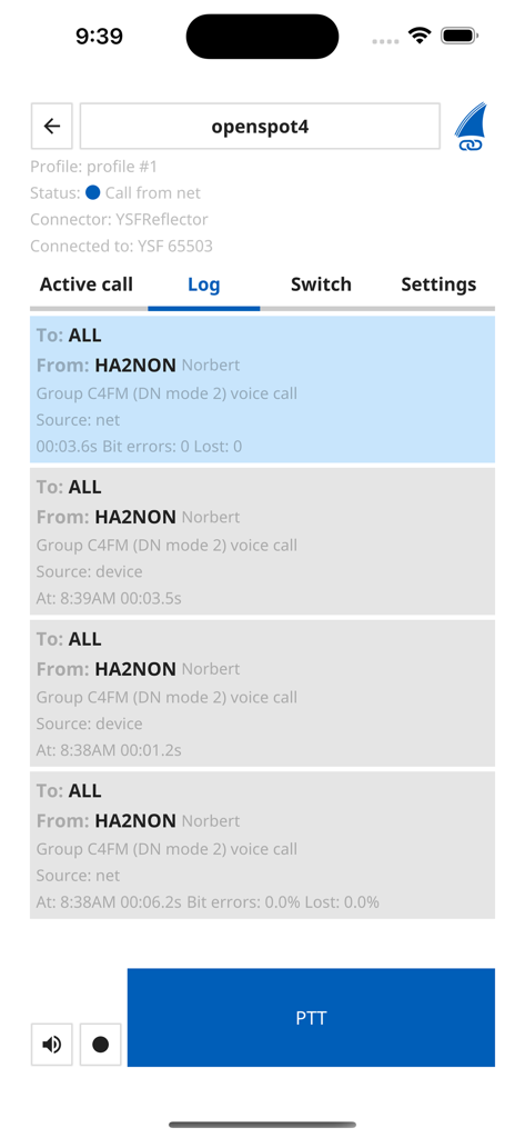 SharkRF Link mobile app interface displaying a digital radio call log and push to talk button