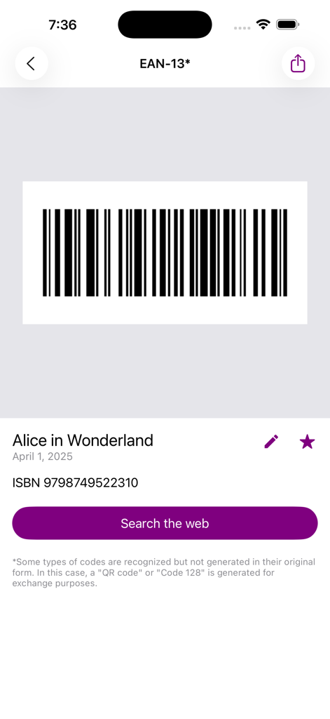 A scan result in the app showing a book barcode for Alice in Wonderland with its ISBN number and a button to search the web