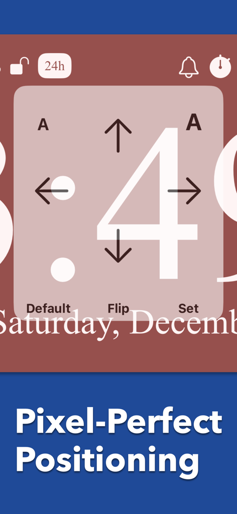 Mugen Clock - Interface of the Mugen Clock app showing a large number 4 with directional arrows for pixel-perfect positioning adjustments.