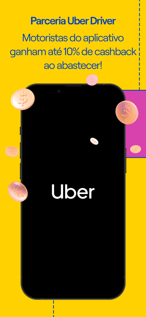 KMV: Ganhe Cashback em Postos - KMV app promotion showing a partnership with Uber offering up to 10 percent cashback for drivers