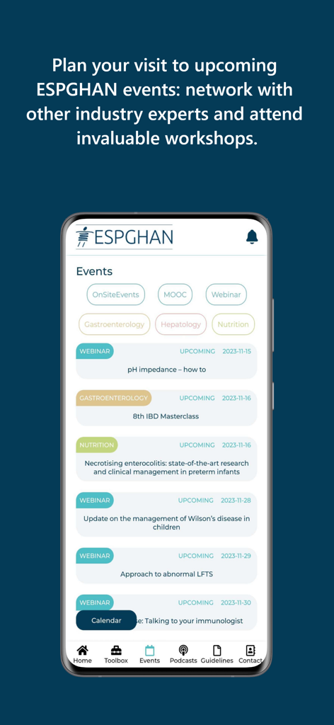 Interface of the ESPGHAN app showing a list of upcoming medical events including webinars and masterclasses for pediatric gastroenterologists.