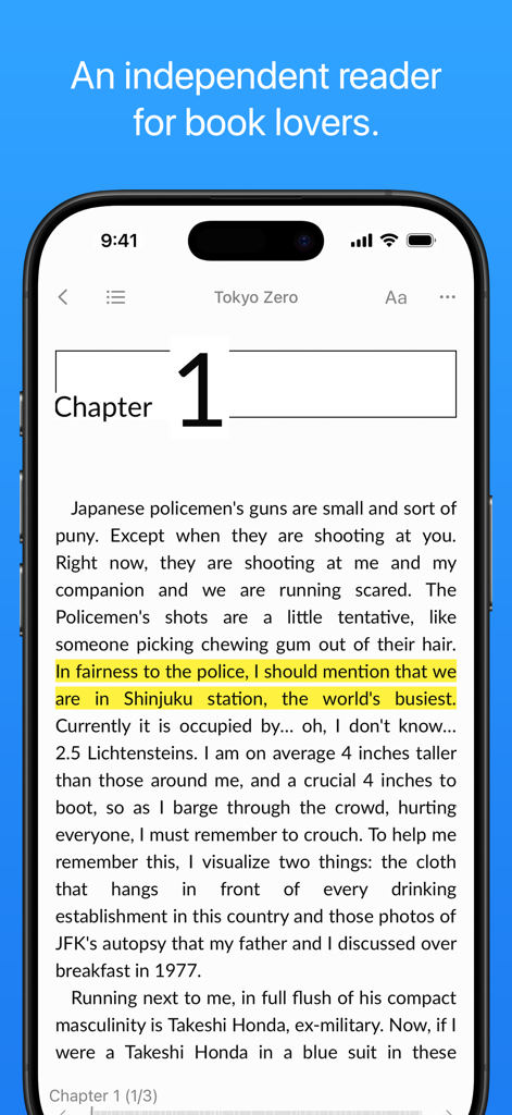Yomu EBook Reader app on iPhone showing a clean reading interface with text highlighting