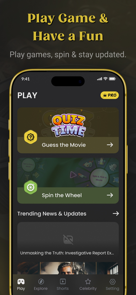 MovieBox Pro: Movies & TV Show - Interface of MovieBox Pro app showing movie-themed games like Guess the Movie and Spin the Wheel alongside trending news.