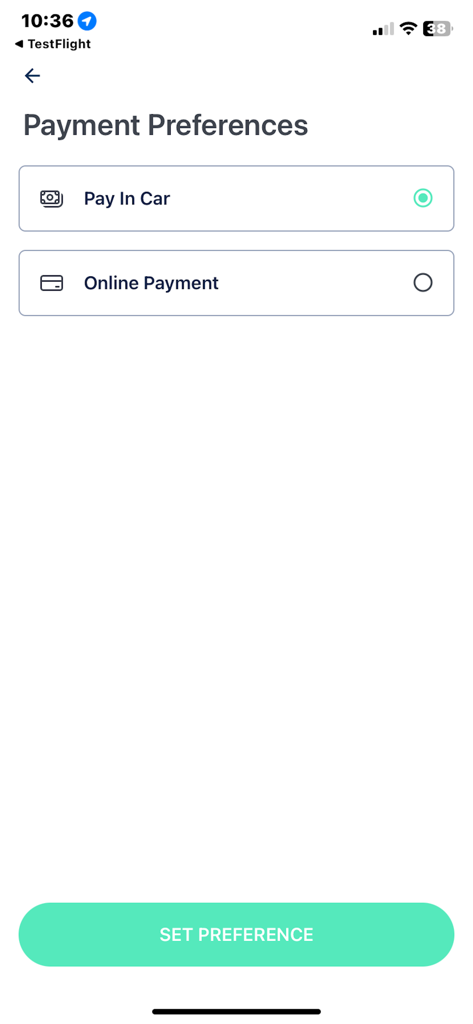 Fleeyo: Taxi, Transfers & Ride - 차량 내 결제 또는 온라인 결제 옵션이 있는 Fleeyo 택시 앱 결제 환경 설정 화면