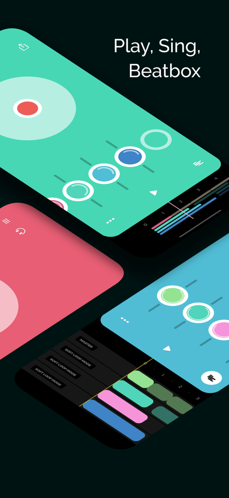 Una interfaz móvil para la aplicación Jam Looper que muestra controles de pista coloridos y funciones de grabación para músicos.
