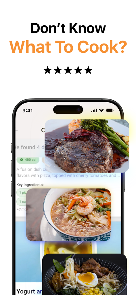 Oberfläche der mobilen App des Kühlschrank-Scanners, die eine Vielzahl von Rezeptvorschlägen wie Steak und Nudeln basierend auf verfügbaren Zutaten zeigt