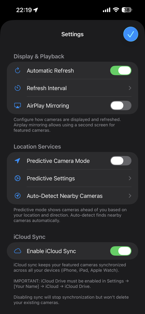 Settings screen of the TrafficCamNZ app showing display and playback location services and iCloud sync options