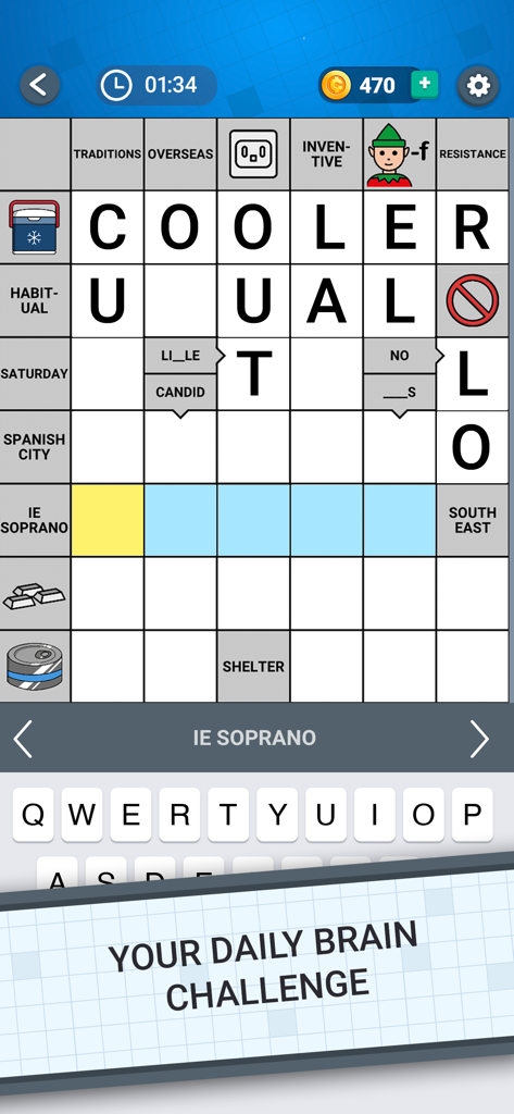 Mobile gameplay of Daily Crossword Arrow Solo featuring a Scandinavian style puzzle grid with picture clues