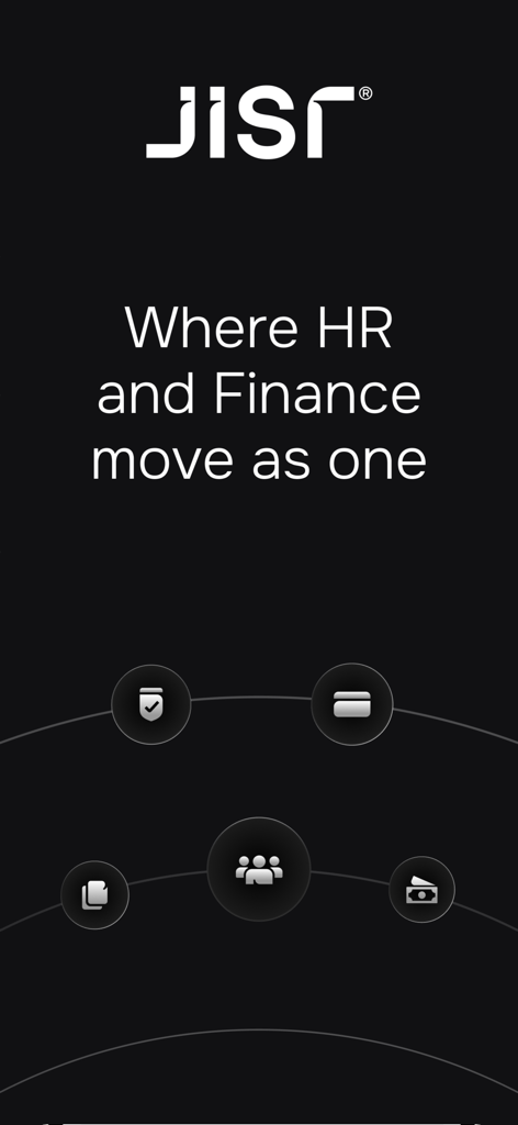 Jisr HR app intro screen with logo and tagline Where HR and Finance move as one.