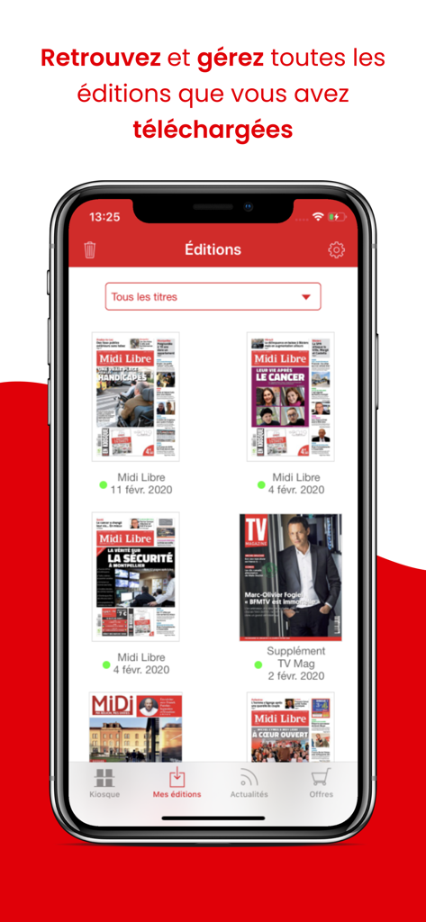 Midi Libre Le Journal - Midi Libre Le Journal app screen showing a library of downloaded newspaper editions and supplements