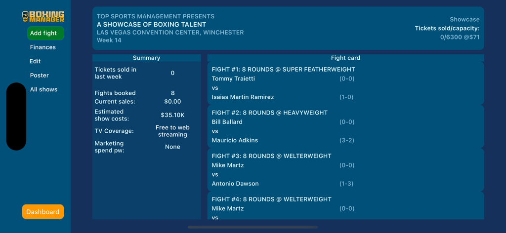 Boxing Manager - Boxing Manager dashboard showing a boxing event summary including ticket sales, show costs, and a detailed fight card for a Las Vegas showcase.