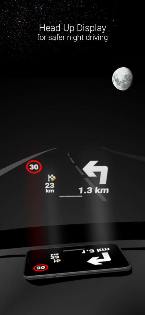 MapFactor Navigator - GPS Maps - Mode d'affichage tête haute de MapFactor Navigator projetant les informations de navigation sur un pare-brise de voiture la nuit