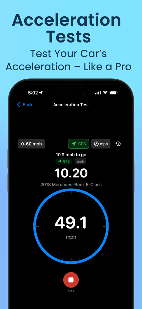 Torque Pro : OBD2 Car Scanner - Schermata dell'iPhone che mostra la funzione di test di accelerazione dell'app Torque Pro con metriche di velocità e tempo