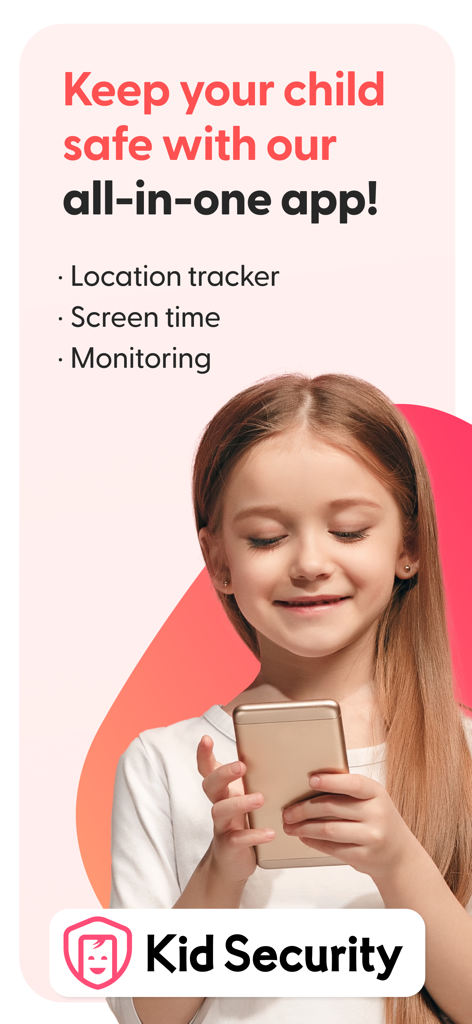 A young girl using a smartphone with Kid Security parental control features listed including location tracker and screen time monitoring