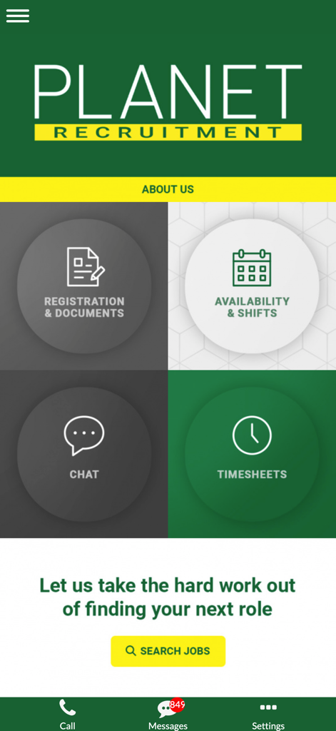 Planet Recruitment - Startbildschirm der Planet Recruitment Mobile App mit Schaltflächen für Registrierung, Schichten, Chat und Zeiterfassung.