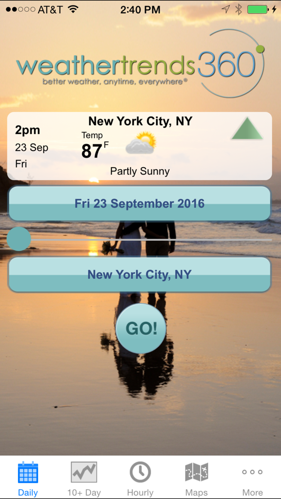 wt360 Pro weather app interface showing a forecast for New York City at 87 degrees with a beach sunset background