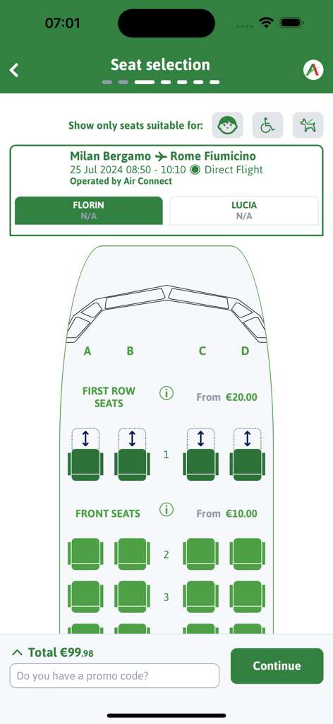 Interfaccia di selezione del posto dell'app Aeroitalia che mostra la disposizione della cabina di un aereo per un volo da Milano a Roma.