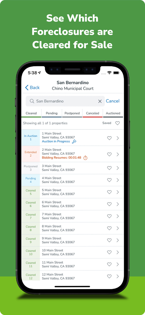 Auction.com - Homes for Sale - Auction.com app interface showing a list of foreclosure properties with real-time status updates like cleared and auctioned
