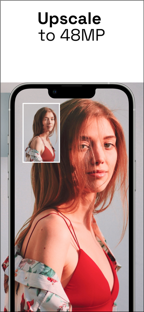 iPhone screen showing a high-resolution portrait upscaled to 48MP using NeuralPix AI