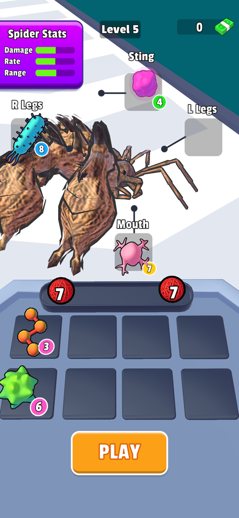 Spider Evolution - Pantalla de mejora del juego móvil Spider Evolution que muestra estadísticas de la araña y partes del cuerpo personalizables