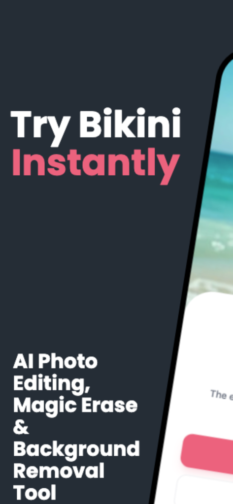 Try Bikini:AI Outfit Changer - Try Bikini app screen displaying AI photo editing and background removal capabilities