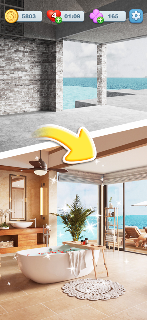 Screw Frenzy: ASMR Home - Uno schermo diviso che mostra una stanza spoglia trasformata in un lussuoso bagno con vista sull'oceano in Screw Frenzy.