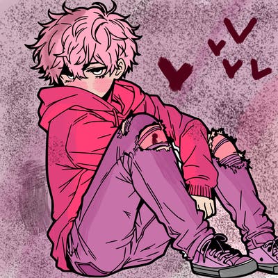 a male hoddie ripped jeans messy hair anime