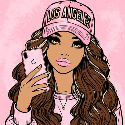 realistic beautiful girl wearing los ángeles cap holding an iphone