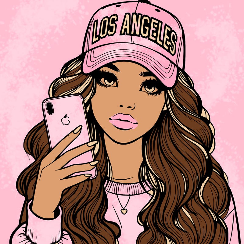realistic beautiful girl wearing los ángeles cap holding an iphone