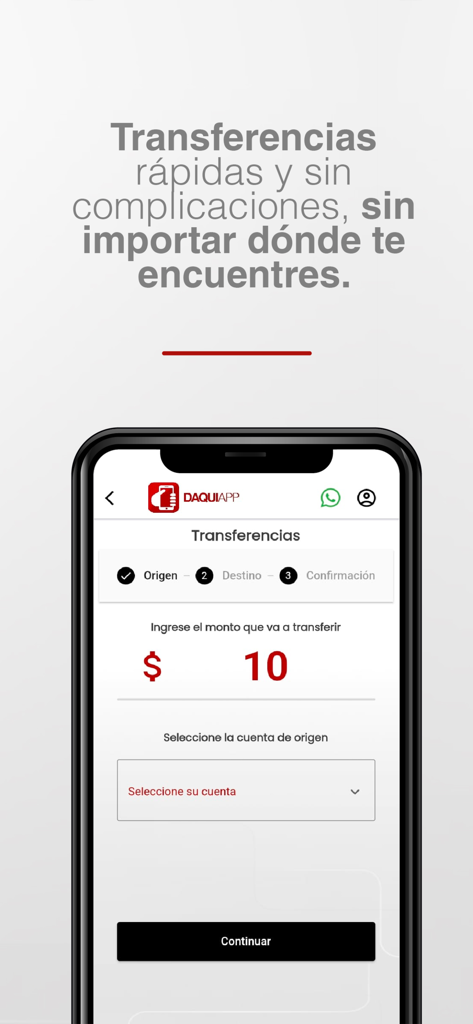 DaquiApp - DaquiApp mobile screen showing the first step of a money transfer process