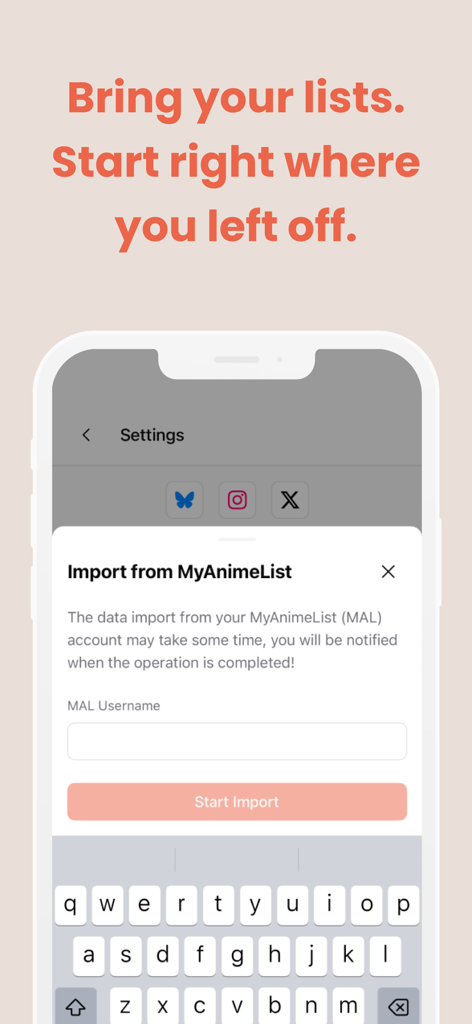 A mobile app screen showing the option to import manga lists from MyAnimeList into MangaTime