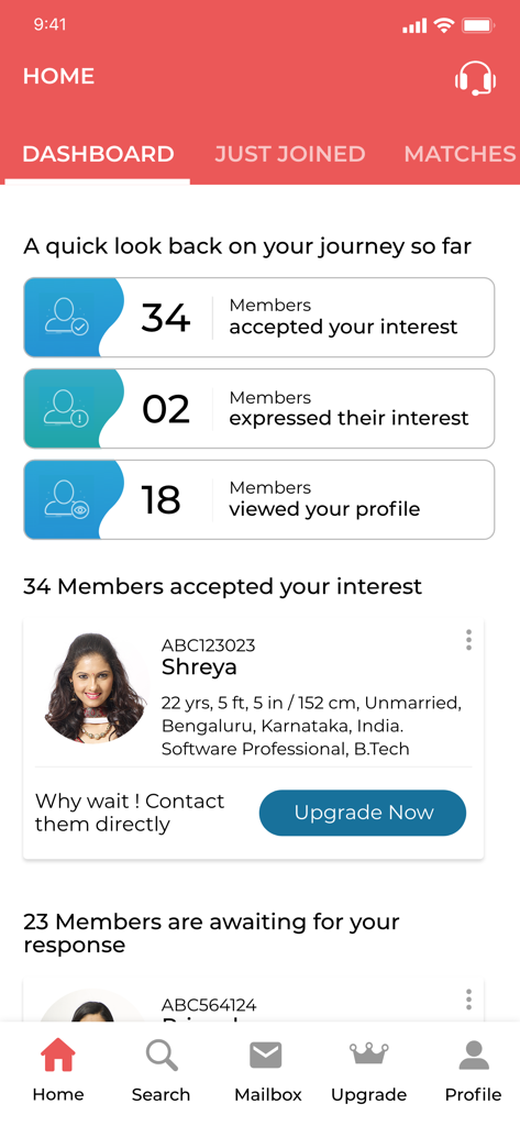 Community Matrimony App - Community Matrimony app dashboard showing member interest statistics and a professional profile match