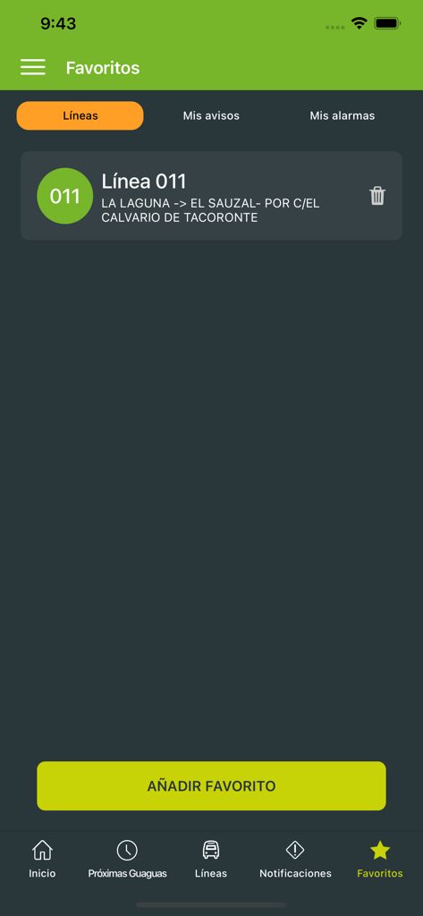 Titsa - Favorites section of the Titsa bus app showing a saved bus line and an add favorite button